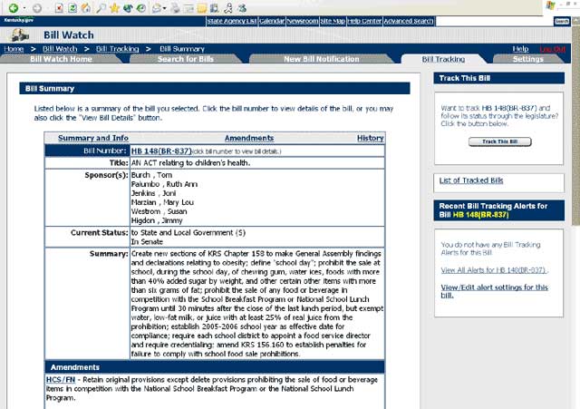 Screenshot of the Bill Watch application bill summary page.
