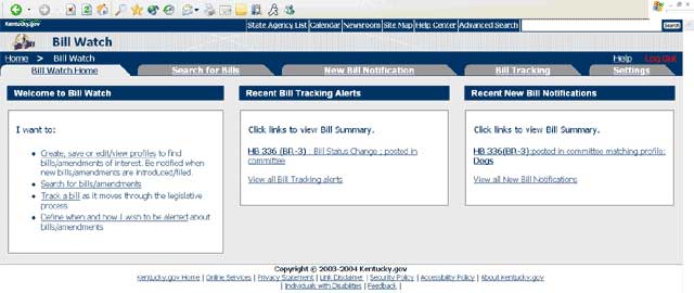 Screenshot of the Bill Watch application homepage.