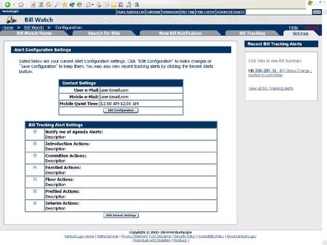 Screenshot of the Bill Watch application settings page.