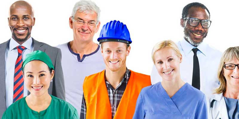 Group of people with different jobs based on their outfits.